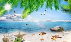 海滩海边沙滩贝壳椰树背景墙图片
