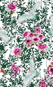 
                    仙鹤牡丹花卉手绘印花图图片
