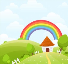 树木外房屋和彩虹风景图片