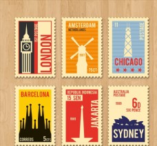 城市旅游复古旅游城市邮票图片