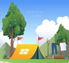 树木夏季野营帐篷插画图片