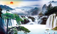 瀑布山水山水画瀑布松树鹤背景墙图片