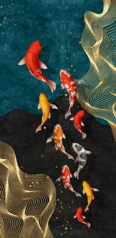 艺术抽象九鱼图玄关装饰画图片