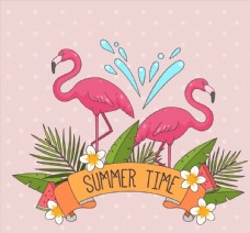 夏季火烈鸟和花草图片