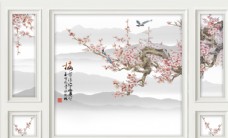 边框背景3D边框造型梅花喜鹊山水背景墙图片