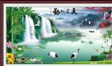 瀑布山水山水画瀑布天鹅鹤背景墙图片