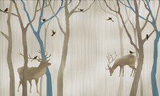 水墨画树鹿背景墙图片