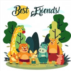 树木卡通笑脸森林动物图片