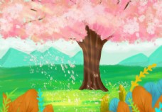 风景漫画浪漫樱花树风景插画图片