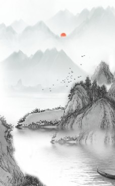 中国风设计山水水墨画竖版装饰画图片
