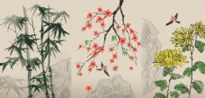 花纹背景梅兰竹菊四君子元素传统工笔花鸟图片