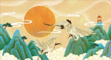 景观水景古典仙鹤山水画图片