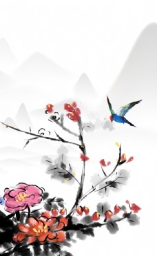 花饰新中式花鸟竖版装饰画图片