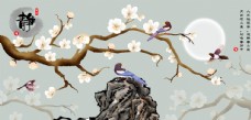 墙纸禅鸟中国花鸟装饰三联画图片