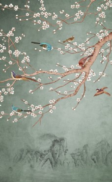 花海梅花花朵复古山水背景海报素材图片