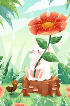花海兔子花朵卡通插画背景海报素材图片