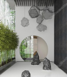 喷泉设计新中式太湖石植物吊灯组合3D模图片