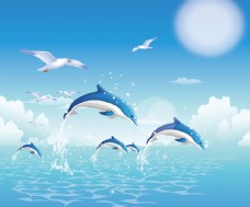 景观水景海豚蓝天水波图片