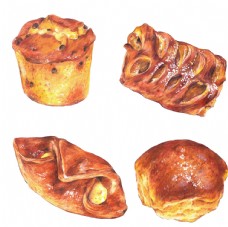美食快餐手绘水彩面包糕点png素材图片