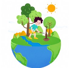 地球日之男孩耕种小树苗图片