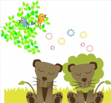 树木卡通草原狮子图片