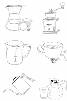 咖啡杯手绘咖啡厅手冲壶磨豆器图标图片