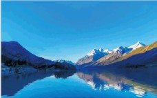 蓝色天空雪山湖泊矢量版油画图片