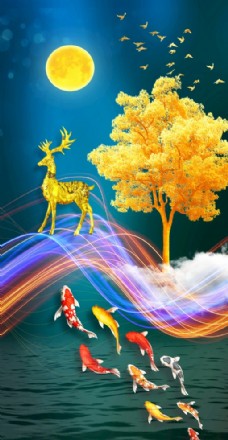 中国风设计鹿和树图片