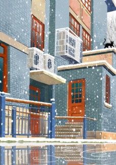 雪中建筑插画图片