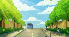 蓝色蓝天绿色公路插画卡通背景素材图片