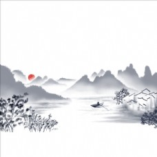 中国风手绘水墨风景山水徽派建筑图片