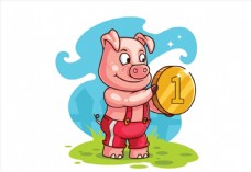 猪矢量素材卡通拿金币的猪图片