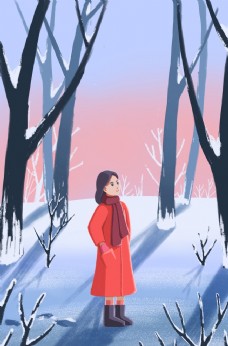 手绘立冬天冬季树林雪景女孩插画图片