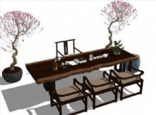 新中式书桌椅组合SU模型图片