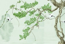 沙发背景墙仙鹤飞翔山水中国风装饰画图片
