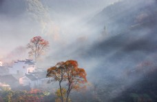 复古建筑秋季云雾背景海报素材图片