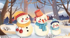 树木冬季围围巾的雪人插画图片