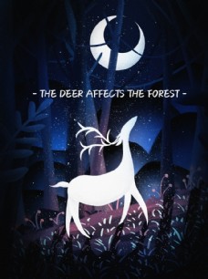 月亮下森林里的小鹿插画图片