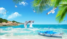 沙滩背景海边椰树海豚小艇背景墙图片