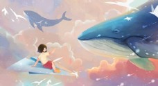 梦幻画蓝色梦幻鲸鱼治愈插画图片