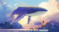 日系鲸鱼与女孩插画图片