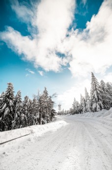 大自然冬天大雪马路蓝天白云图片