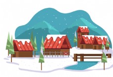 冬季红色房子插画图片