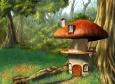 树木森林里的蘑菇小屋图片