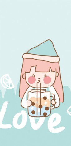 牛油果卡通女孩喝奶茶图片