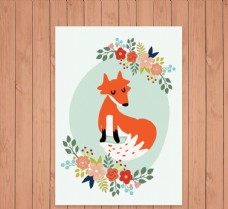 木材花卉和狐狸卡片图片