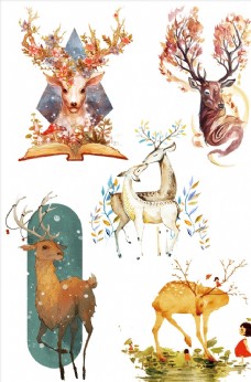 圣诞节卡通水彩麋鹿元素素材图片