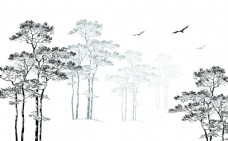 勾勒树木线条简图水墨画装饰图图片