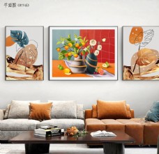 小清新北欧重彩手绘花卉客厅装饰画图片