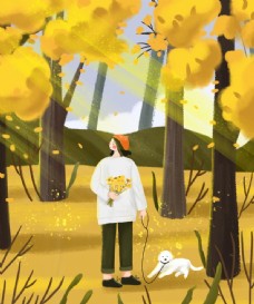 度假树林里女孩和小狗插画图片